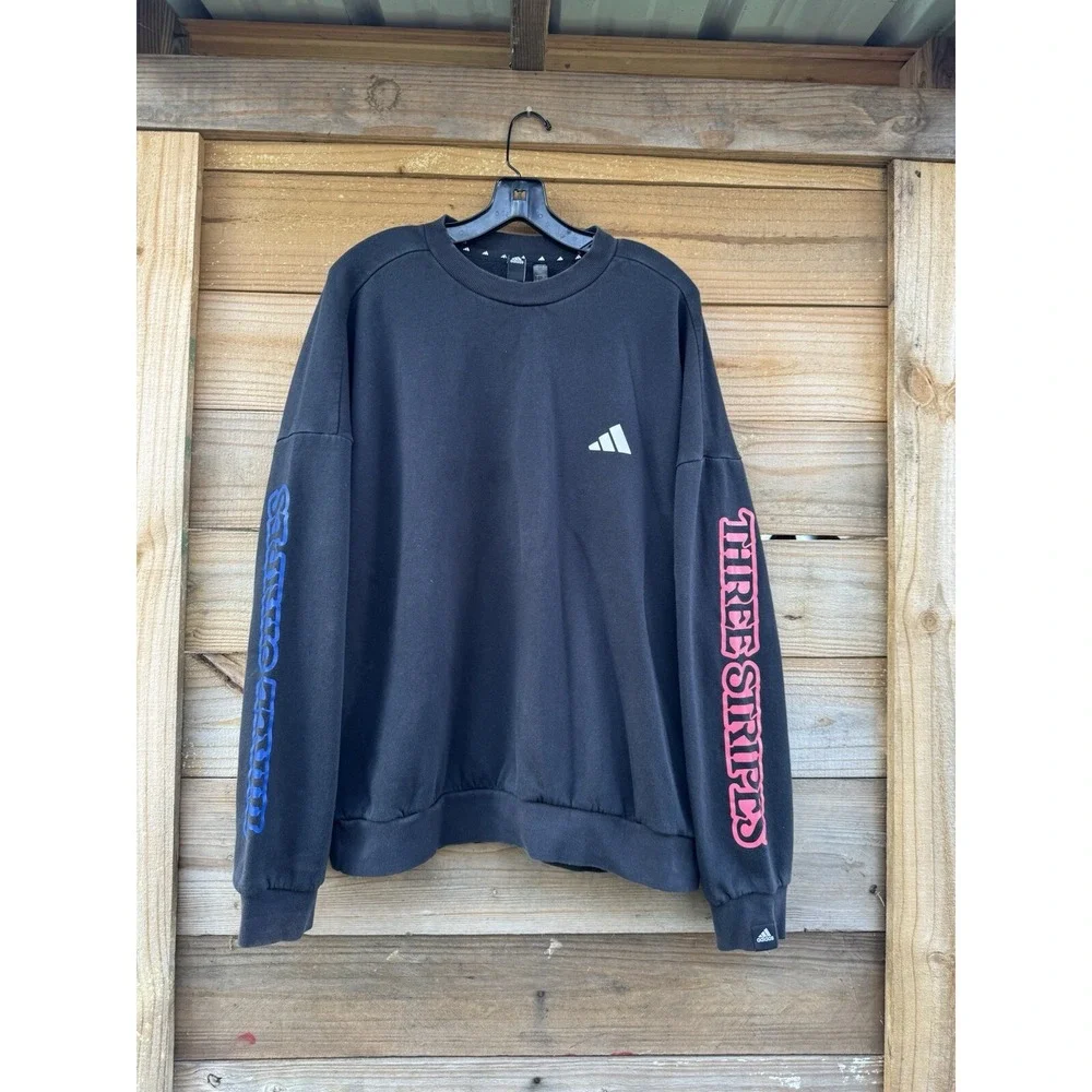 Adidas Three Stripes Black Sweatshirt With White Logo Words On Sleeves Size Larg